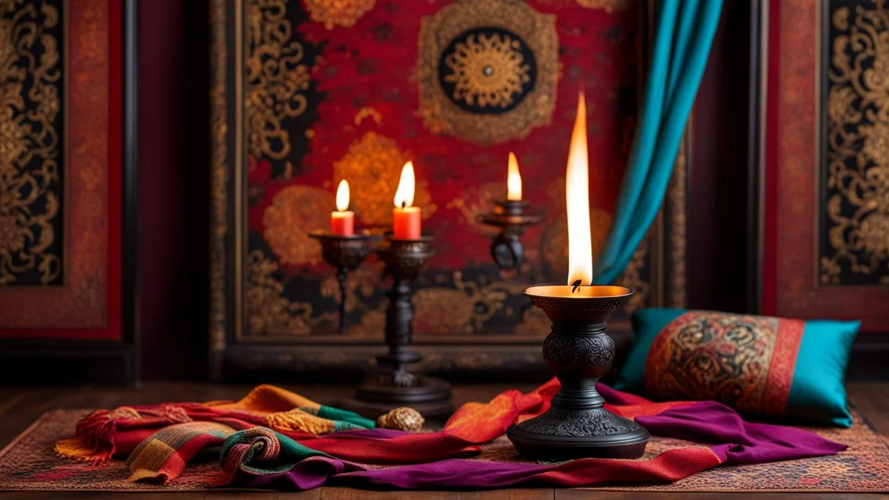 black fire flame in an antique candlestick, which is in front of an oriental background, oriental colors and objects, in the background blur pillows on the floor, and colorful scarves hanging from the ceiling, the sharp focus is on the black flame, high realistic photo