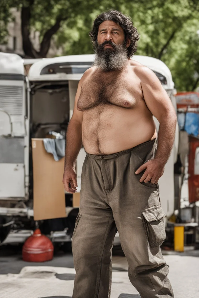 close up photography of an ugly 44 year old chubby robust burly turkish homeless, wearing his work unbuttoned bulging overalls, bulge, shirtless, leaning with his back to his van, hands on the fap, ajar mouth, hairy chest, , very virile, short black beard, shaved hair, sweat, , in a sunny street, photorealistic , frontal view from the ground