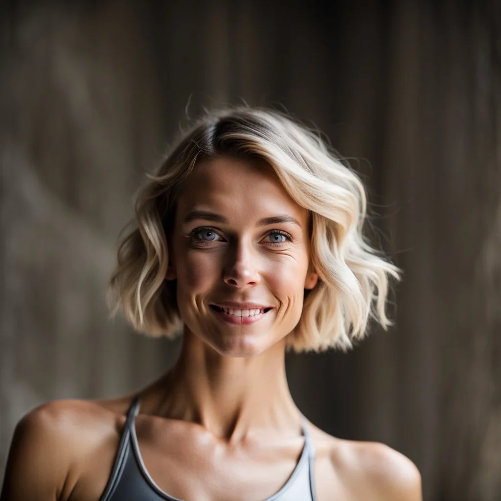 beautiful young woman, total shot, short grey metallic triathlon swimsuit, short blond wavy bob hair, blurred concrete background, mild smile