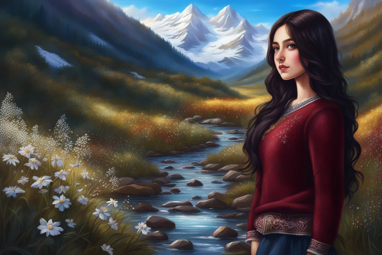 country side ,blue sky , snow on mountains, pretty clouds ,small rocky river with clear water small rocks in floor,wild flowers,beautiful Snow White, long shiny black curvy hair, wearing a burgundy sweater with the word TURK GIZI written on it, in gold, work clothes, standing, super realistic Fairy lights, intricate detail, texture, depth, vividness, movement, namex, energy, bioluminescence, stunning, epic, ultra-detailed, 8K photography by Miki Asai Macro, close-up, extremely detailed, pop