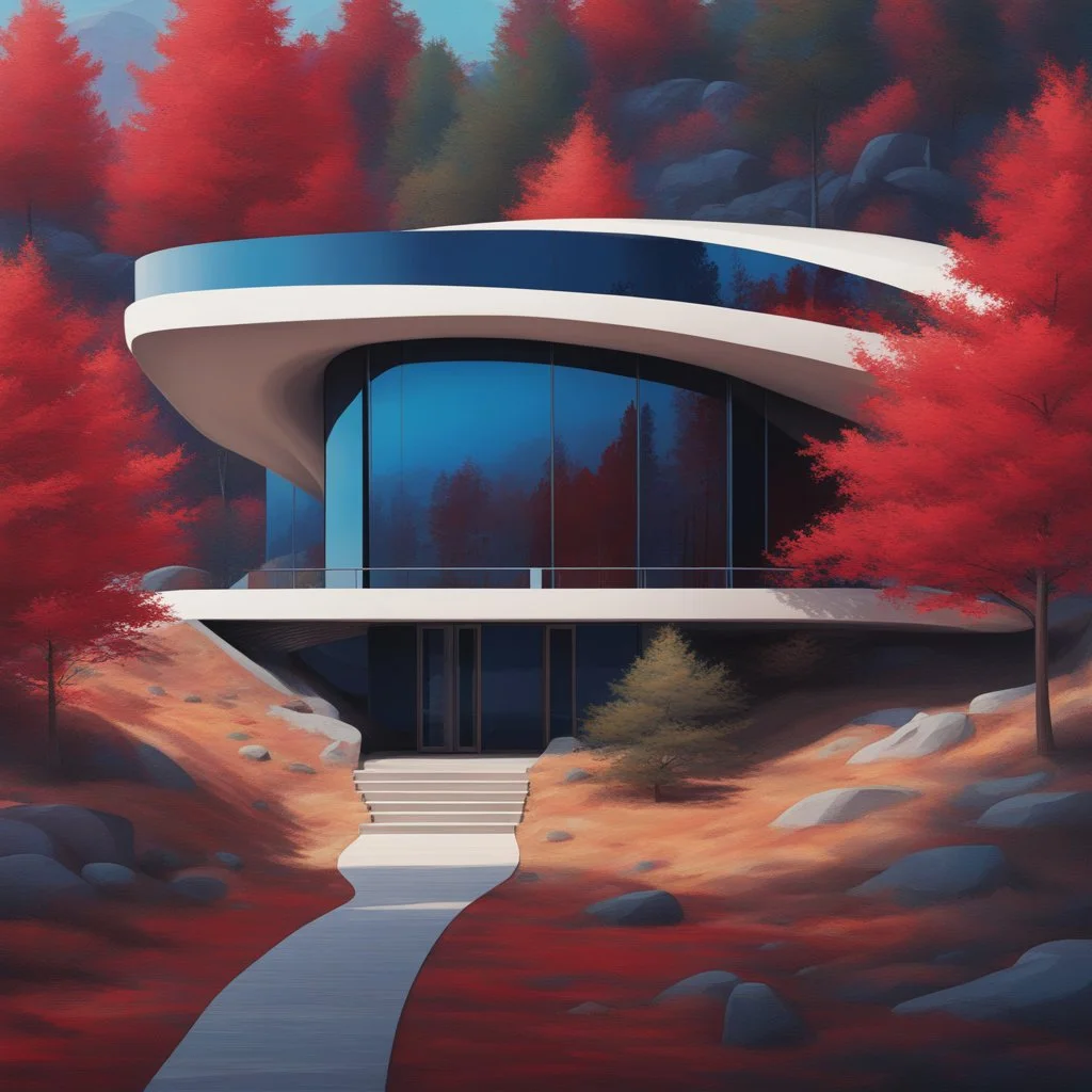 Zaha Hadid style hill cabin, trees, digital bar, hyper-detailed, red and blue colors, 8k oil painting