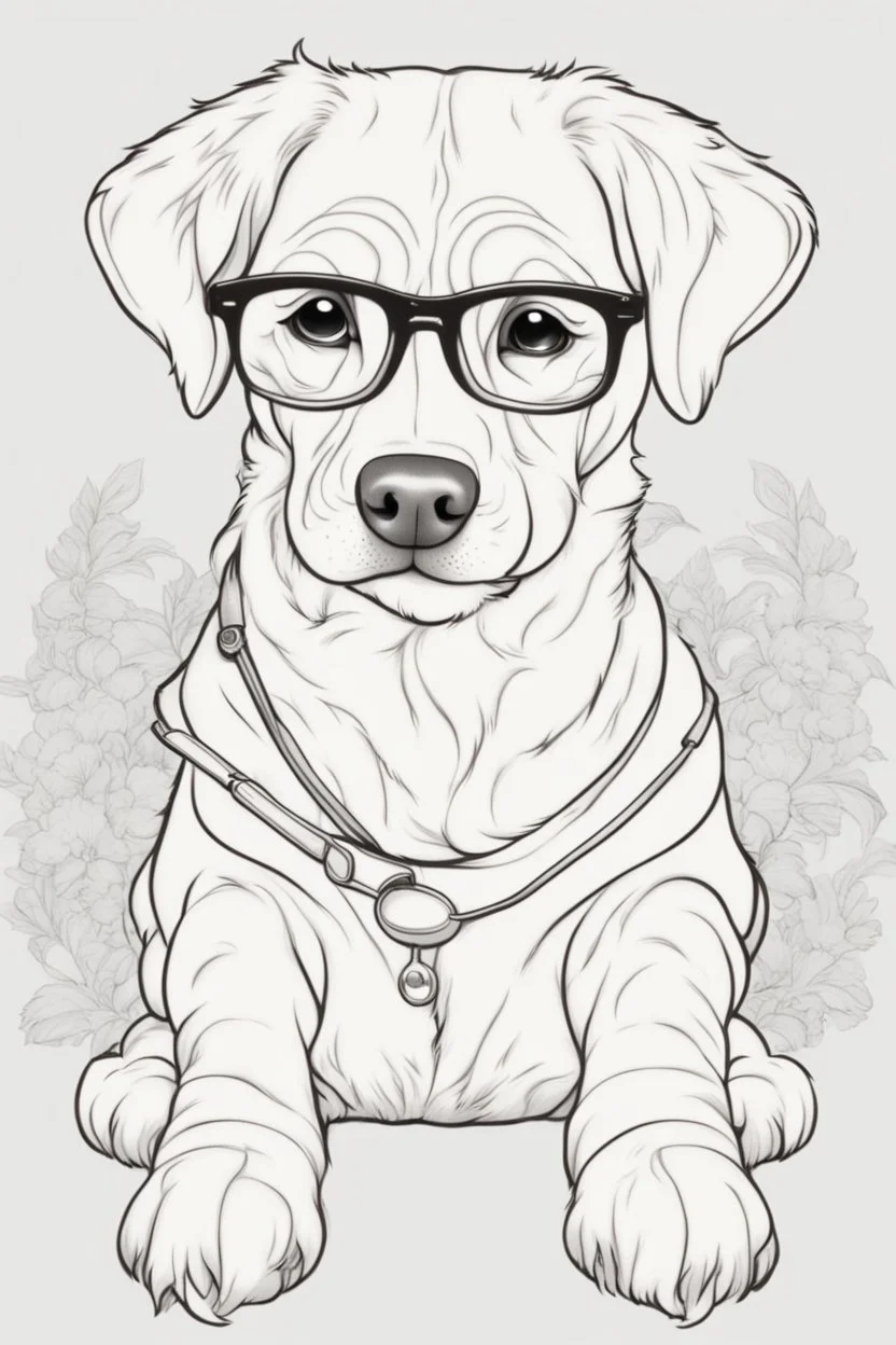 Outline art for cute coloring pages with dog with glasses, full body, white background, sketch style, only use outline, clean line art, no shadows and clear and well outlined.