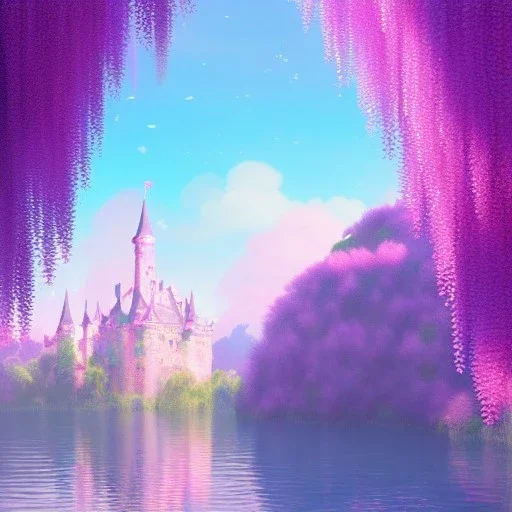 a pink castle, magical crystal pink castel, vertical light, pink and blue wisteria , pink vertical, blue lake,sharp, background vertical blue gradient vertical, elegant, highly detailed, artstation, concept art, smooth, sharp focus, illustration, 8k, splash art, wallpaper, key visual