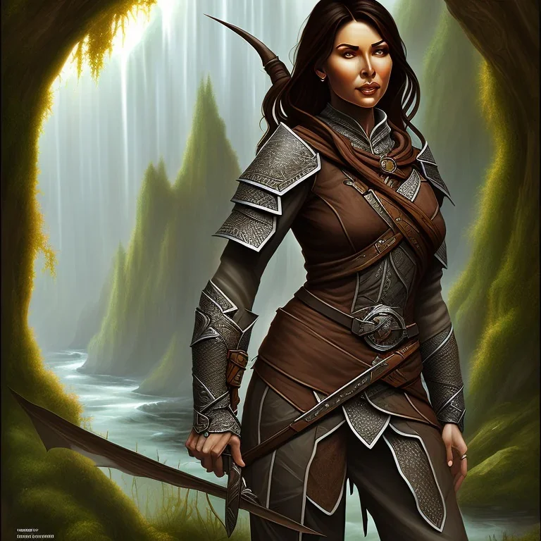 dungeons and dragons, female wood elf, druid, brown hair, brown eyes, full body, realistic face, short hair, large nose, closed mouth, leather armor, dark skin, one person, blue scarf