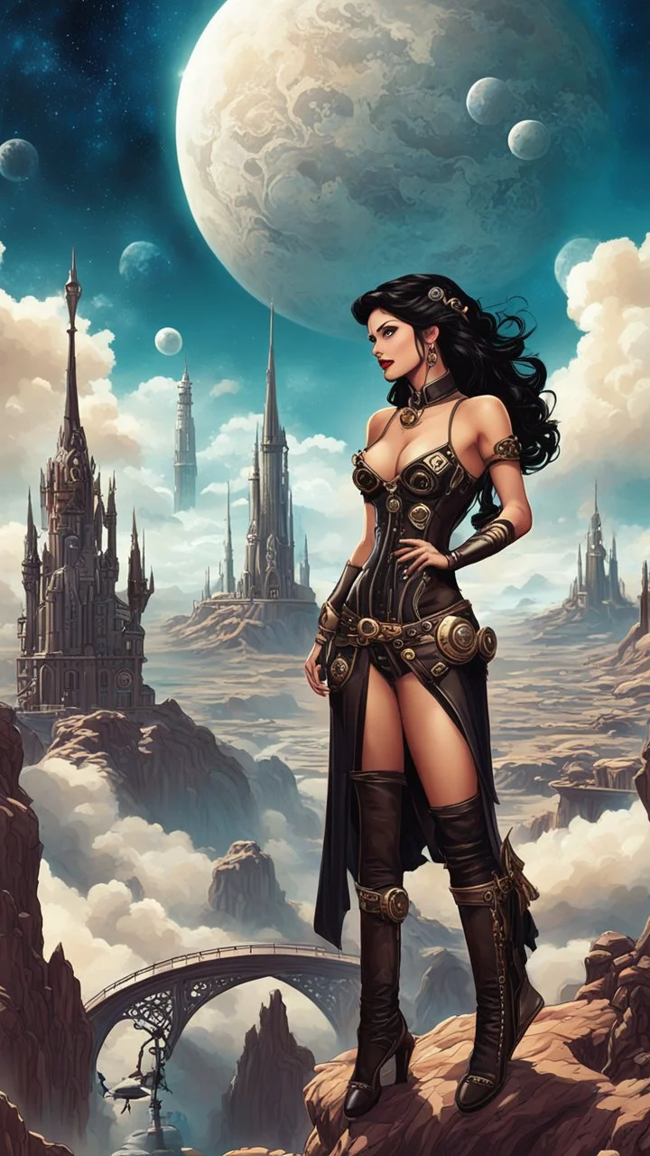 exotic sci-fi steampunk pin-up girl, with long dark hair, on an alien planet with cloud trees, tall spires, buildings, arches and bridges