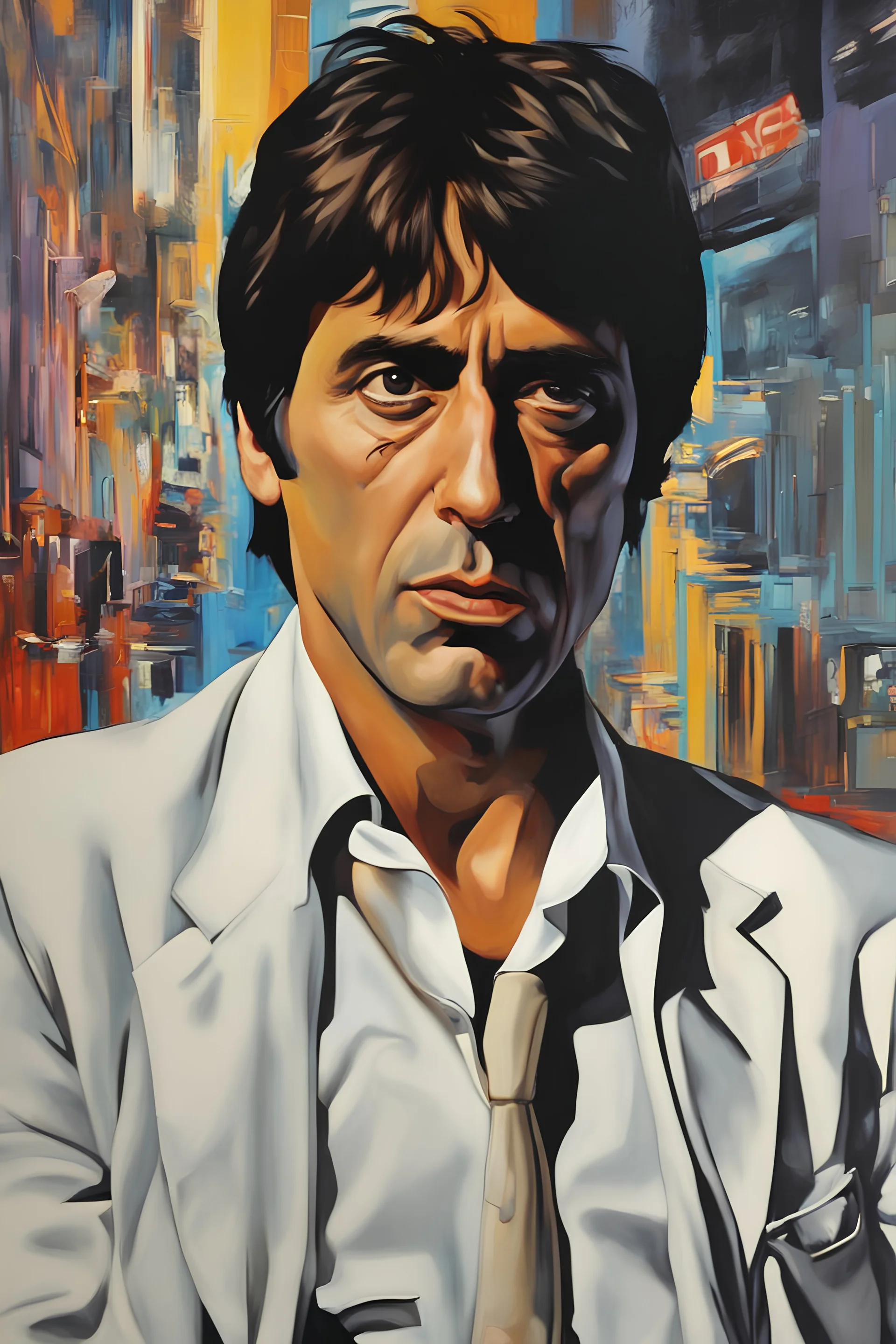 Scarface Al Pacino Pop Art psychology oil paiting In depth psychology display Roy Fox Lichtenstein style, dream, symptom, image in the background in the city artgerm display Gustav Klimt style artgerm display in the Miami Vice the 2024th century oil paiting. and the city itself seemed like a big illusion, full of light and shadows. Miami Vice city the 2024th century