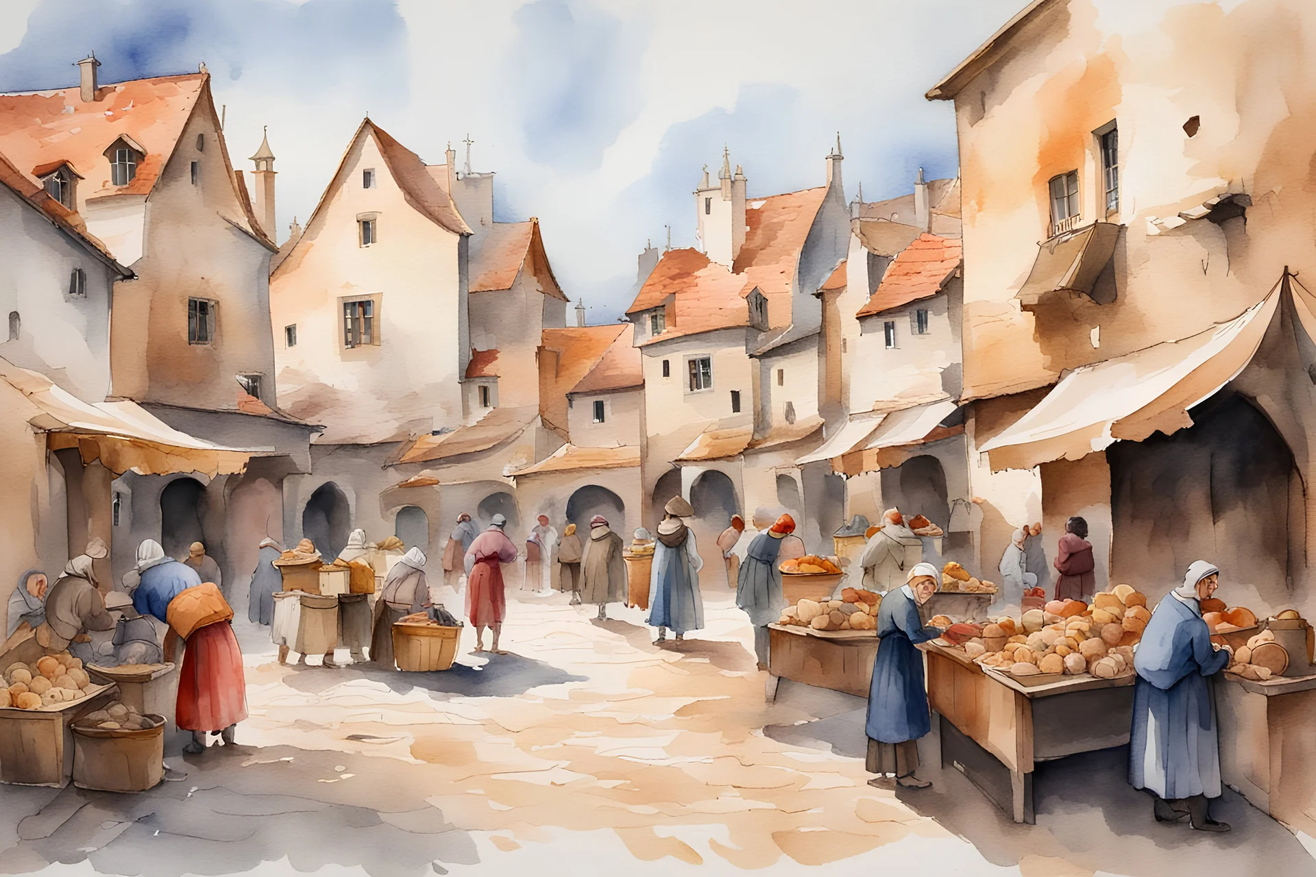 watercolor painting of a busy market square in a medieval village. bright