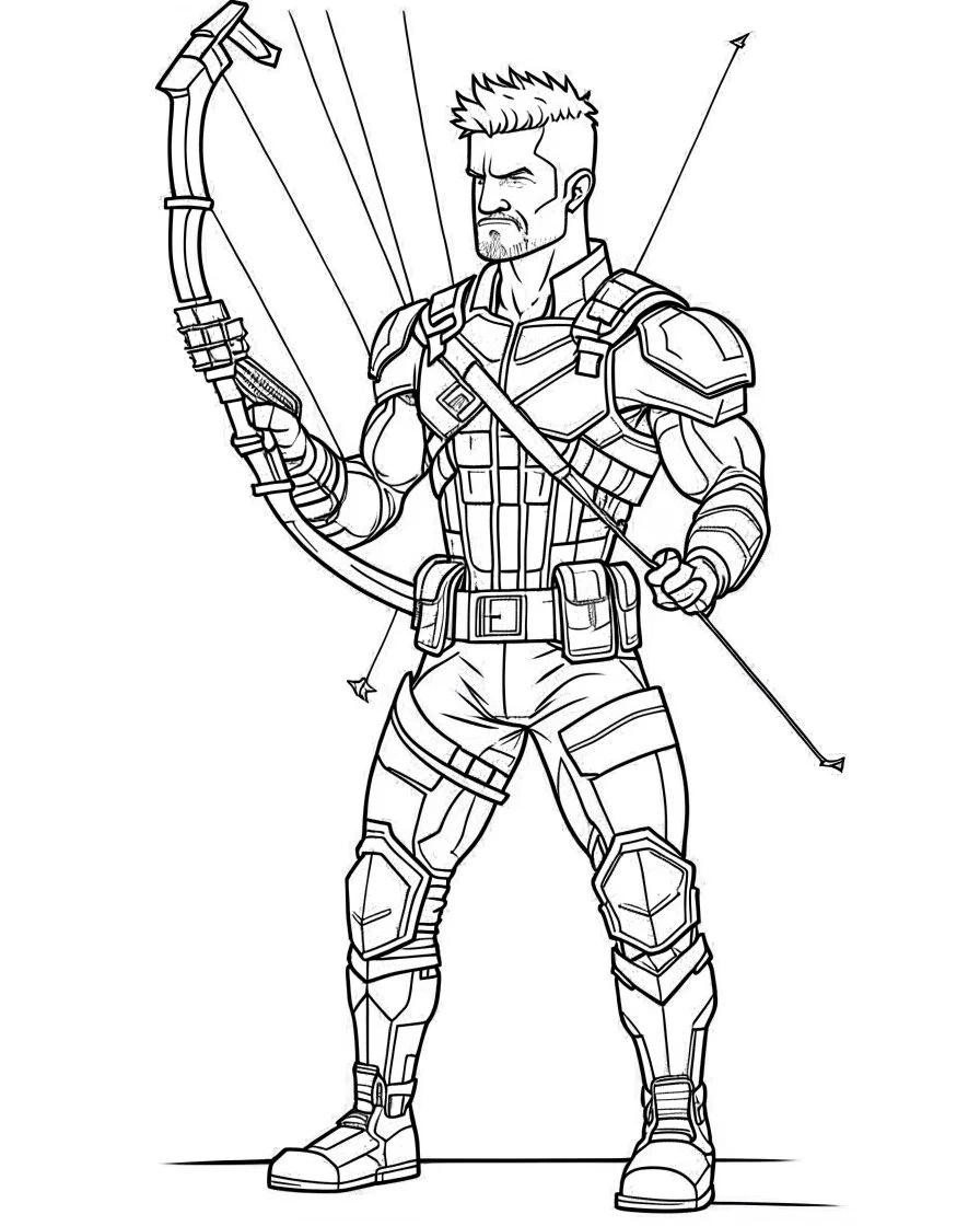 Avengers Hawkeye, coloring page, no leaves, full body (((((white background))))), only use an outline., real style, line art, white color, clean line art, white background, Sketch style