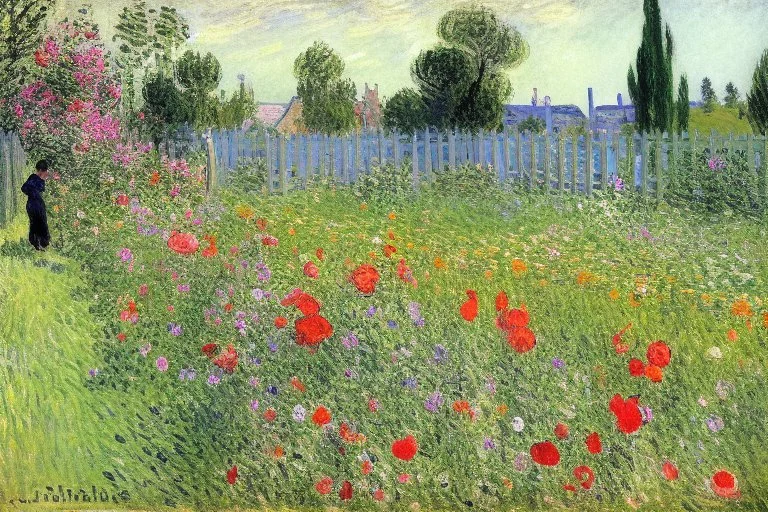 Flowers, hummingbird, sunny day, fence, field, alfred sisley and konstantin korovin painting