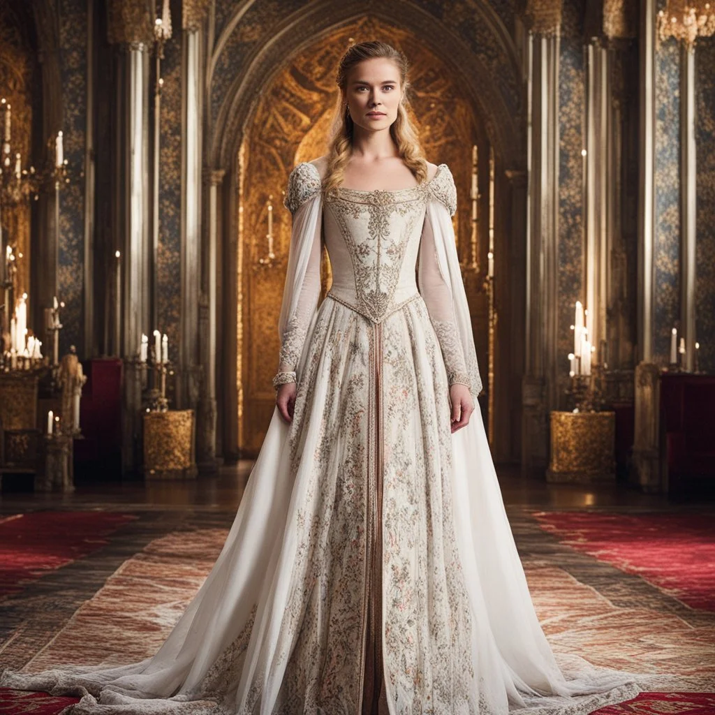 [game of thrones, young and rebel] In the grand throne room of Castle Evermoor stands Princess Seraphina, their daughter and the pride of the Thornwood family. Seraphina, in her youthful beauty, carries an air of curiosity and intelligence. Her flowing gown, adorned with intricate embroidery, reflects her status as a member of the noble family. Princess Seraphina's eyes, a reflection of her mother's, hold a glimmer of mischief and a hunger for knowledge. She stands tall, her posture reflecting t