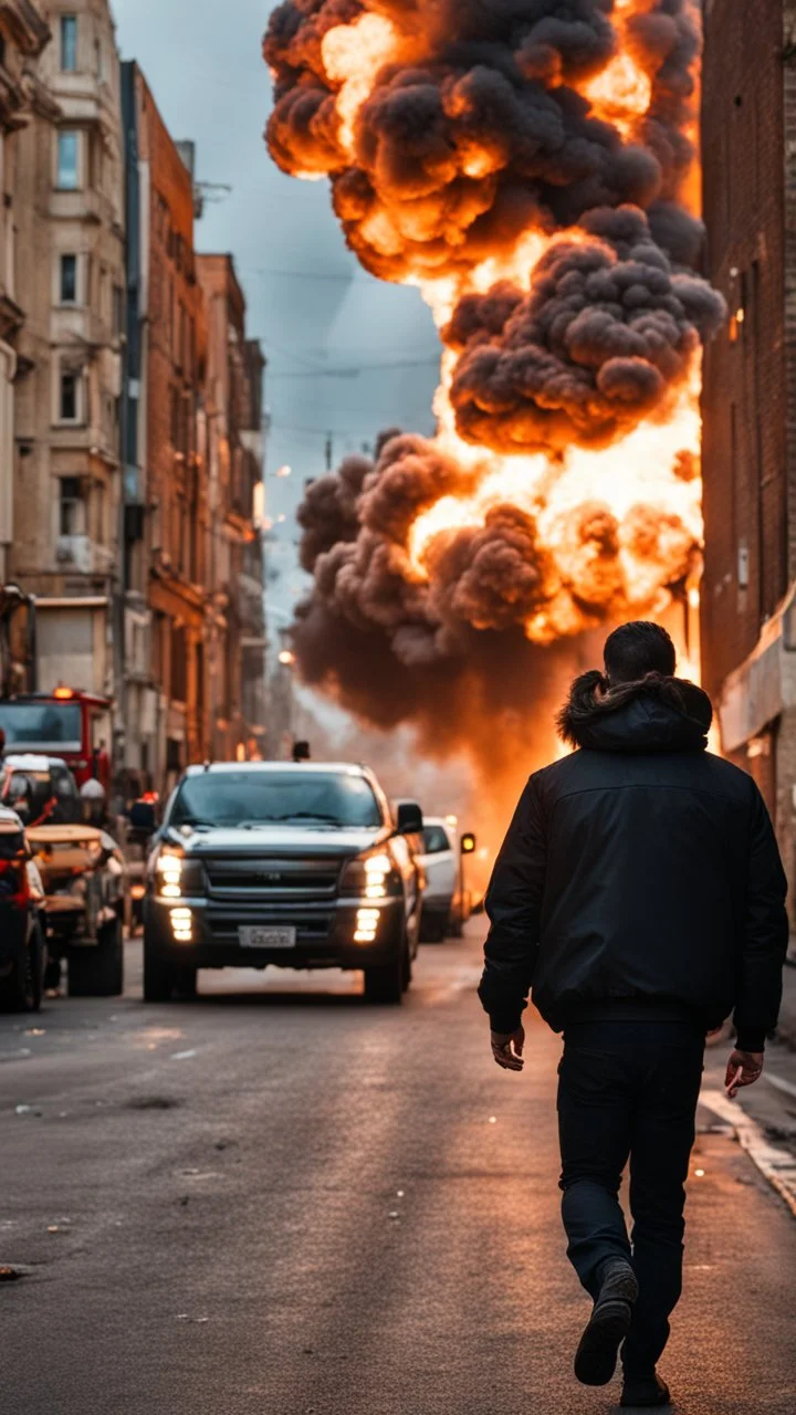 Man in a black bomber jacket, back to the camera, looking down a street, watching an explosion of fire and lights in front of him.