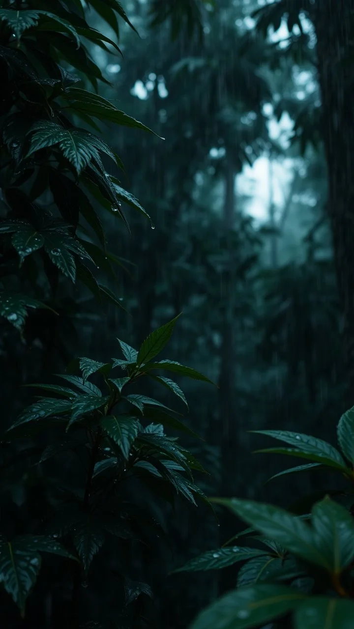 a dramatic scene in a dense forest under the rain. The background should feature raindrops falling around the leaves.