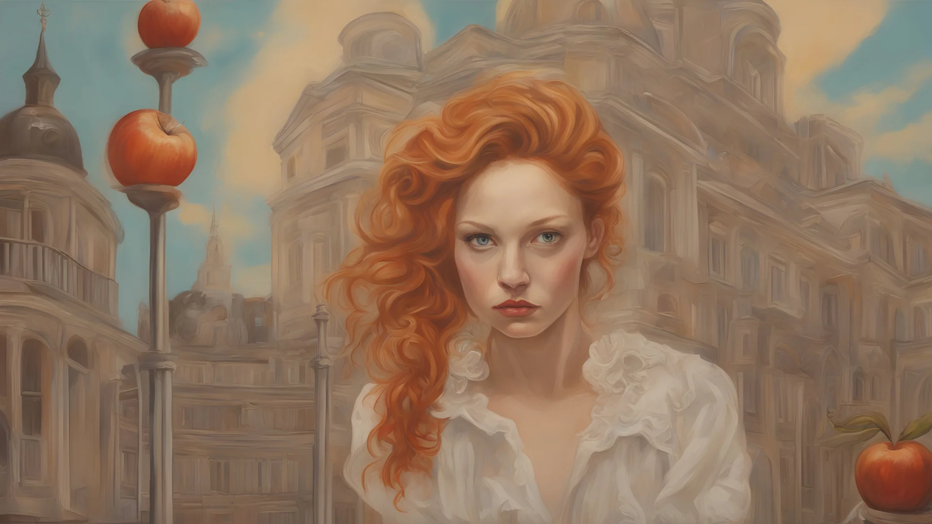 Ginger hair Alexandra "Sasha" Aleksejevna Lussinin the head Apple Vision Pro of lovely bombshells Stocholm city oil paiting fantasy psychology dream, symptom, paint Salvador Dalí style in the Stocholm city in the head Apple Vision Pro