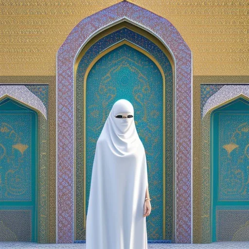 woman in flowing, white burka standing in front of a mosque with blue, green, gold mosaic walls, high-quality, fine-detail, intricate, ornate, volumetric lighting, 8k resolution, haunting, powerful, photo-realistic, 3d render, photo-quality, high-quality