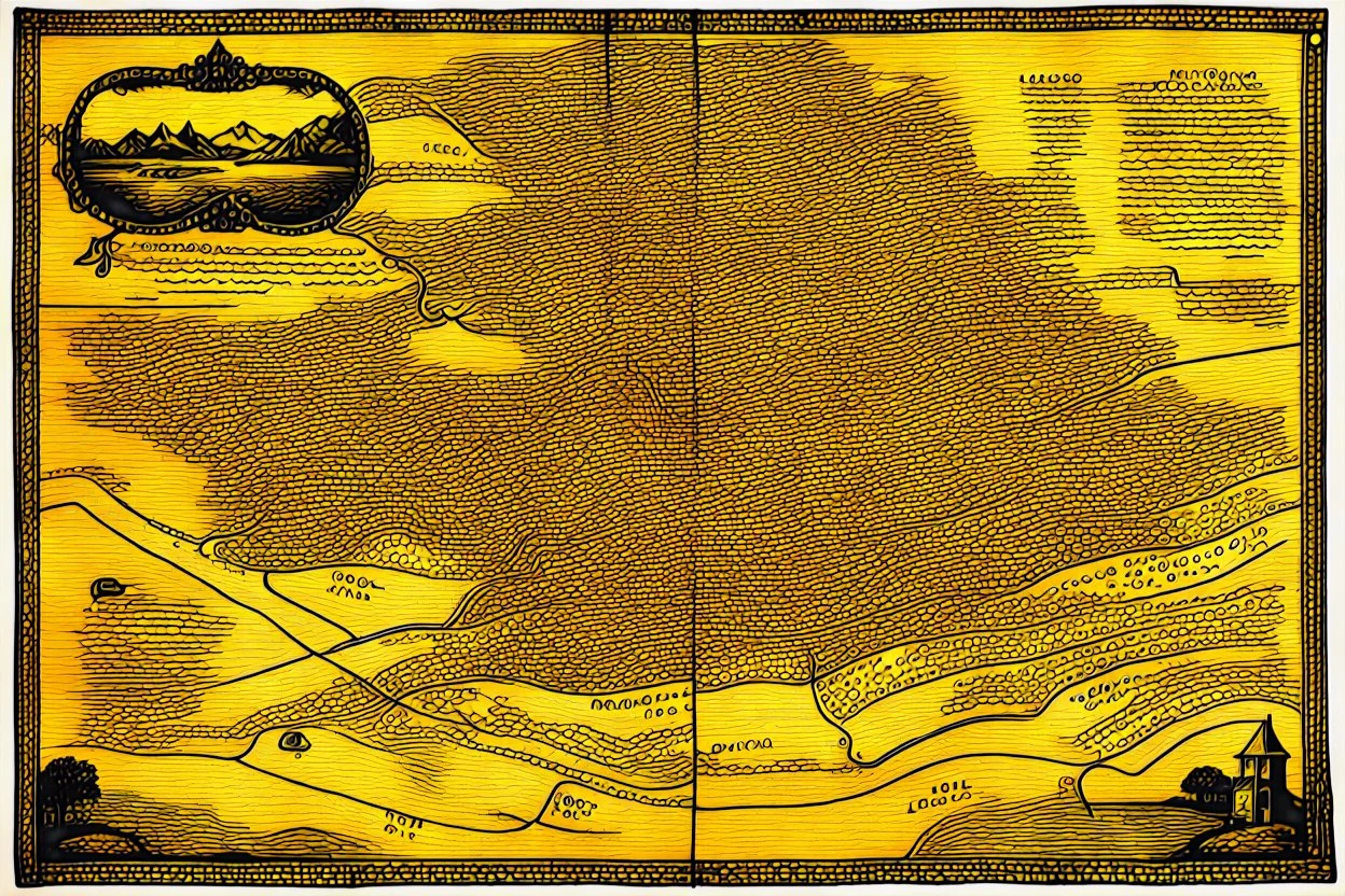 an ancient printed road map of a fictional place that was black and white and uses a Cree syllabic font, but has since been stained and weathered