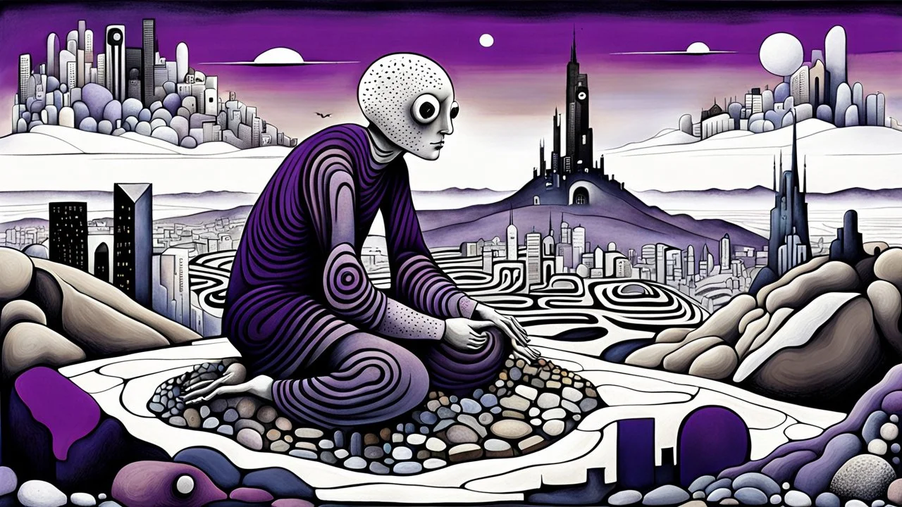 a nonbinary human figure crouched in middle of a multi-layered thick amorphous block of stone consisting of several layers, around weird whimsical landscape city in the distance, pale eyes, pale hands faint human figures, dark purple, gray, black, white, brown. Whimsical style of Chagall , of Minjae Lee and Anton Semenov, lonely with absurd broken land, neuron network background, surreal vibe