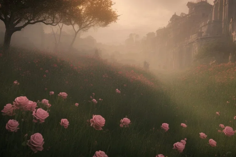 the dawn brought by a thousand roses, featured in artstation, octane render, cinematic, elegant, intricate, ultra detailed, rule of thirds, volumetric lighting, volumetric clouds, fantasy, concept art, sharp focus, illustration, 8k