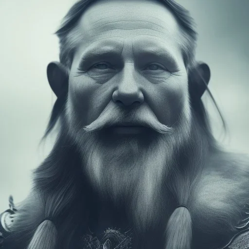 Viking theme, a younger woman sitting next to a 50-year-old man, portrait, 8K, close-up face, anatomically perfect face, Highly detailed stunning full frame portrait, misty and cloudy atmosphere