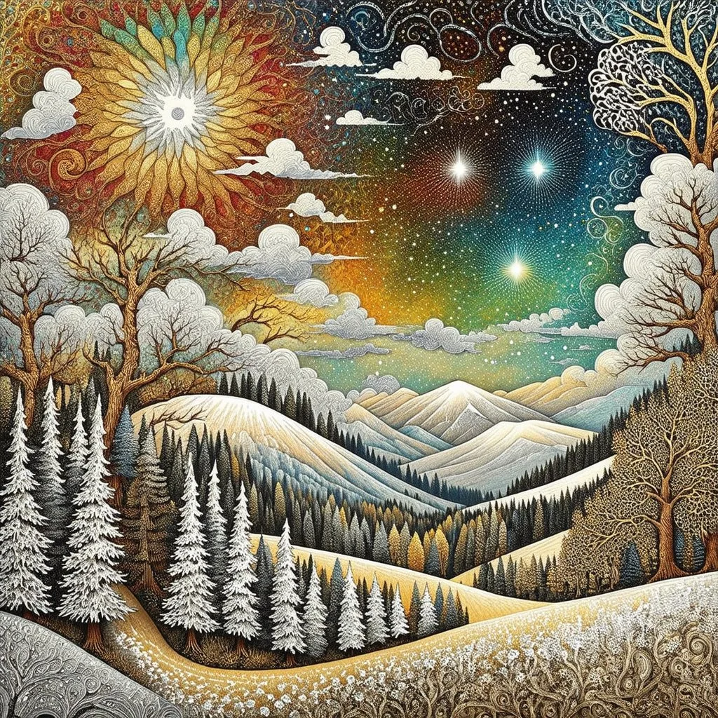 Vibrant, whimsical Mandelbrot fractal, winterly Tuscany landscape with frosted cypress trees, mountains, one single shooting star between clouds of silver and gold, richly textured acrylic ink and charcoal line art, in a zentangle style mix, blending Amanda Clark's fantastical elements and Catrin Welz-Stein's intricate details with Eyvind Earle's subtle earth tones and Georges Braque's bold geometri