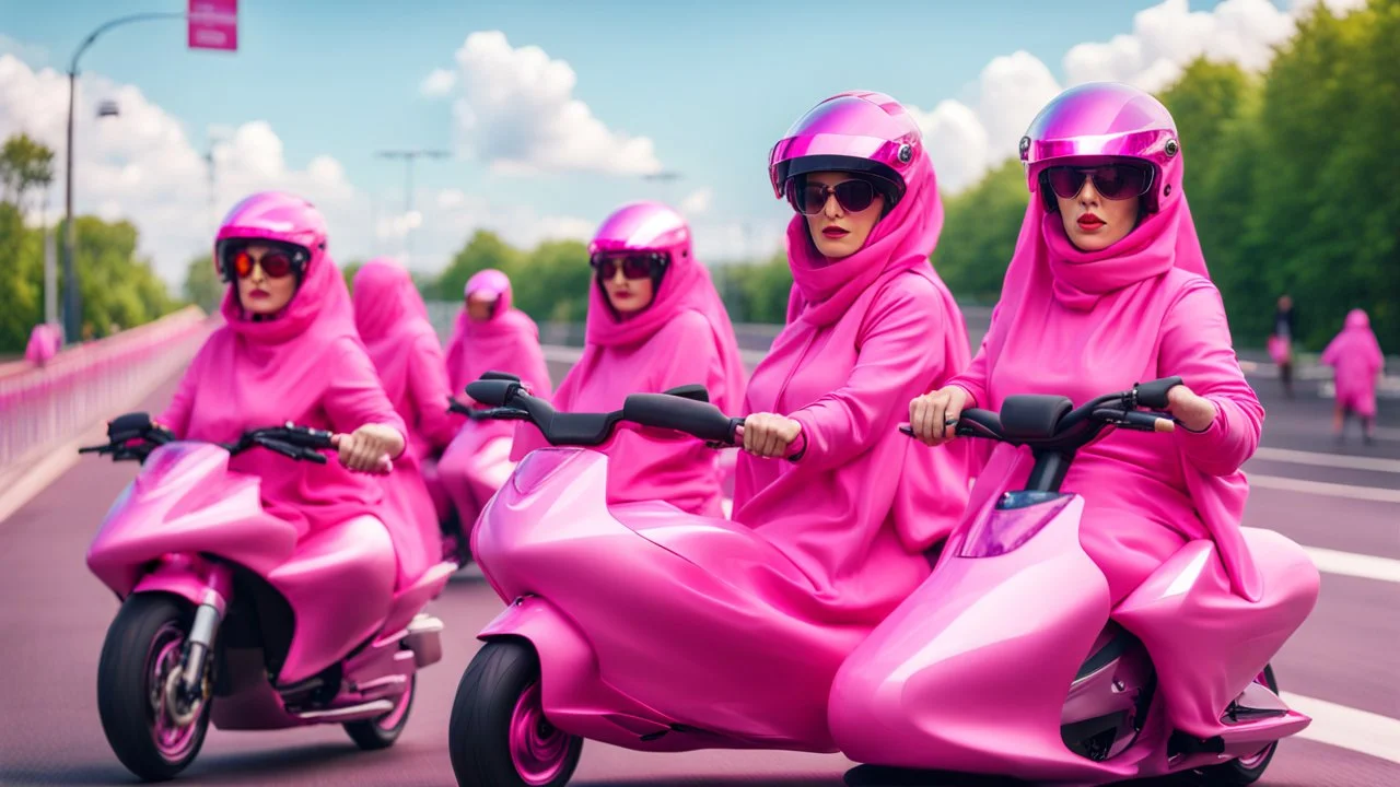 Hyperrealistisch mehrere stämmige, üppige Frauen, völlig verhüllt von identischen pinkfarben glänzenden Motorradkombination mit spiegelndem Visier in pinkfarbenem, geschlossenem Helm fahren pinkfarbene Elektroroller auf breiter Straße um die Wette