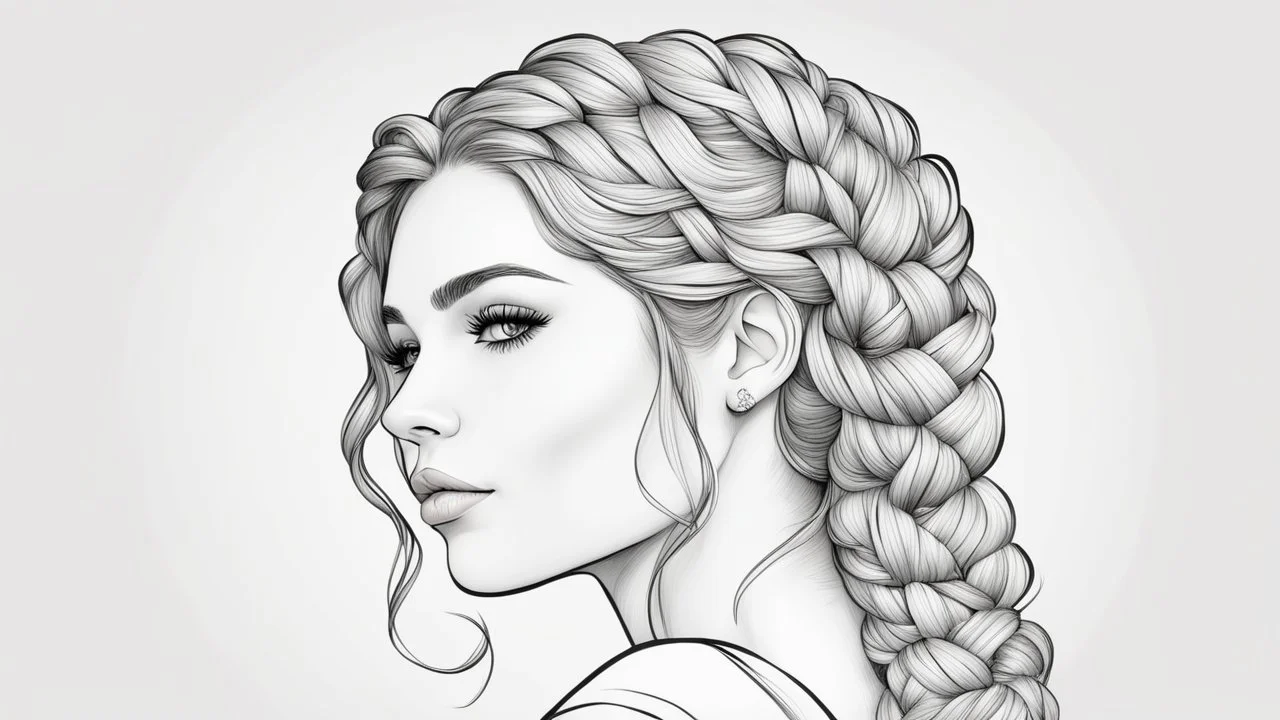 outline art for a gorgeous and sweet lady portrait, braid hairstyle, coloring page, white background, sketch style, only use outline, clean line art, white background, no shadows and clear and well outlined