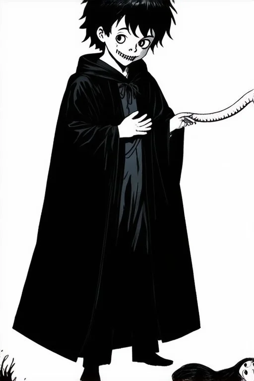 7 year old boy, necromancer, friendly, looks dead,with a long lamprey emerging from his bellybutton, wearing black robes, with the lower body of a ghost in the style of Harry Clarke