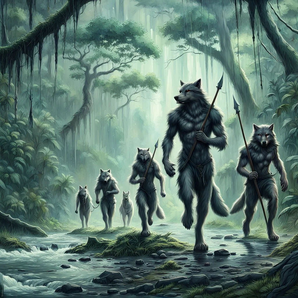 wolf body hair straight walking eight anthropomorphic wolf man hybrid human two with spears in their paws go one after another by pathway in jungle, in the further away a river flows in jungle near the trees, rain, very thick-trunk trees and jungle vegetation, near to them flows a fast river, dark colors, high realistic, 3d, digital art, detailed, cinematic, sci-fi, fantasy mood