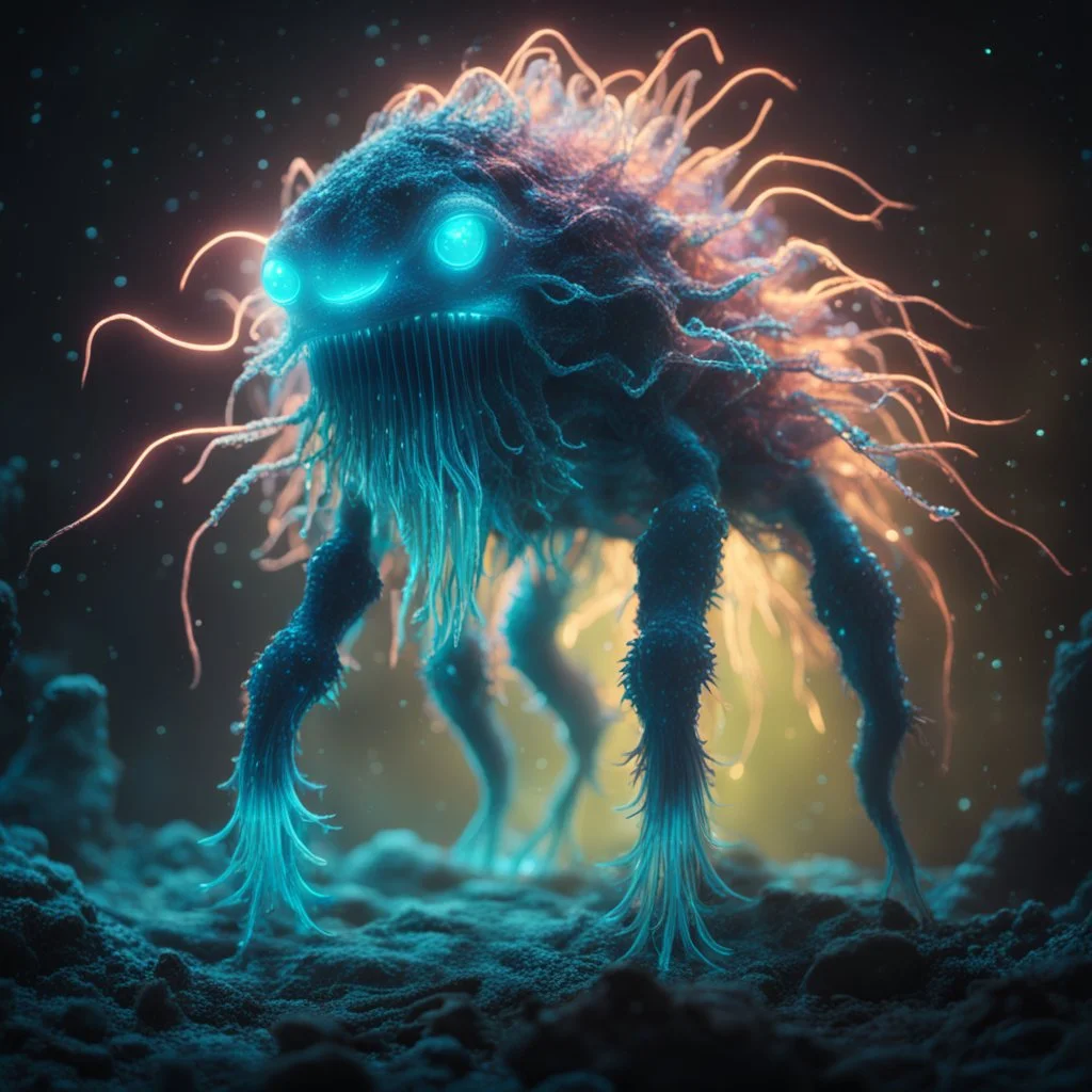 giant bioluminescent creature glowing in dark, particles in air, bright colors, glowing sparkle particles, dark tone, sharp focus, high contrast, 8k, incredible depth, depth of field, dramatic lighting, beautifully intricate details, clean environment, epic dynamic scene, photorealistic cgi