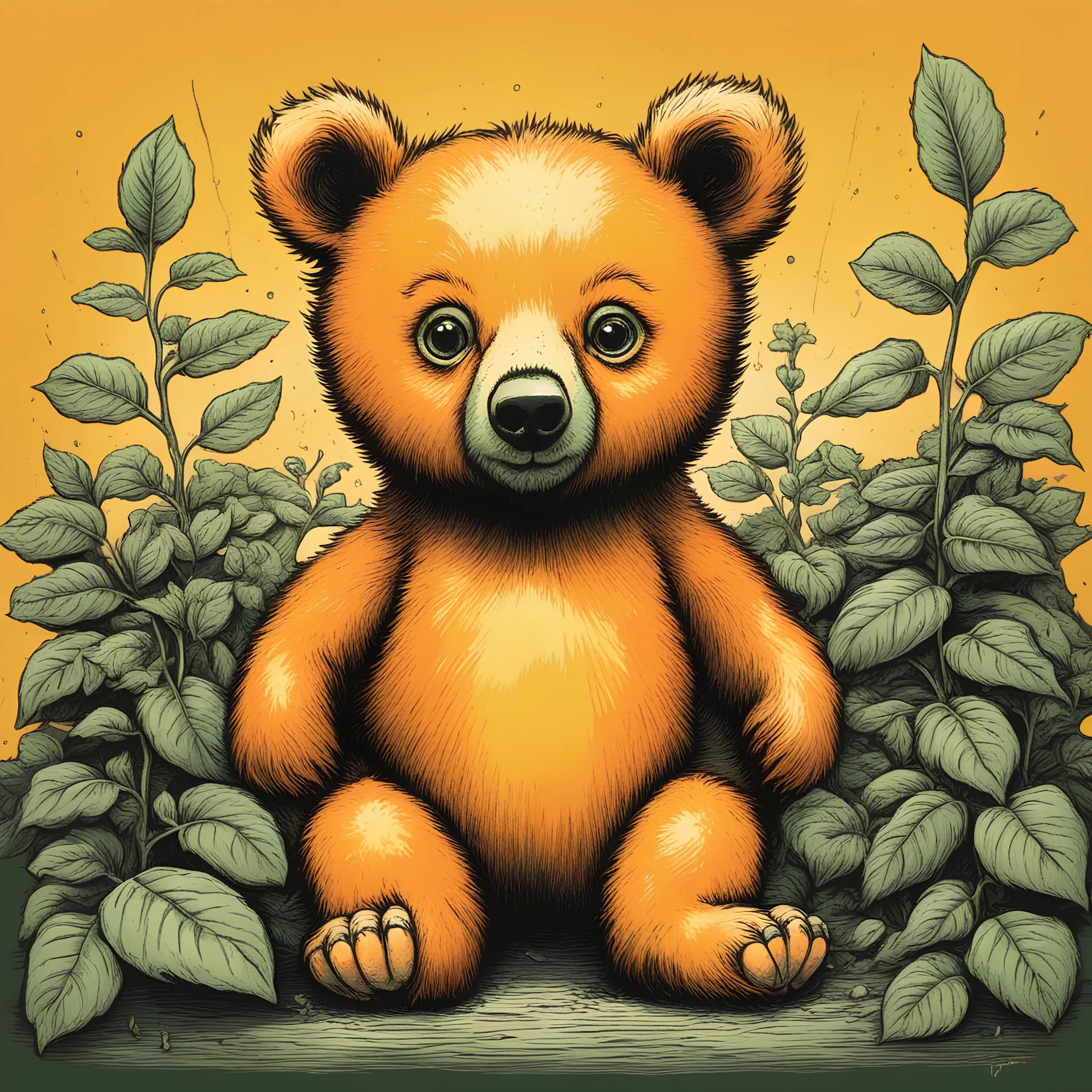 Orange and yellow baby bear in basil wolverton art style