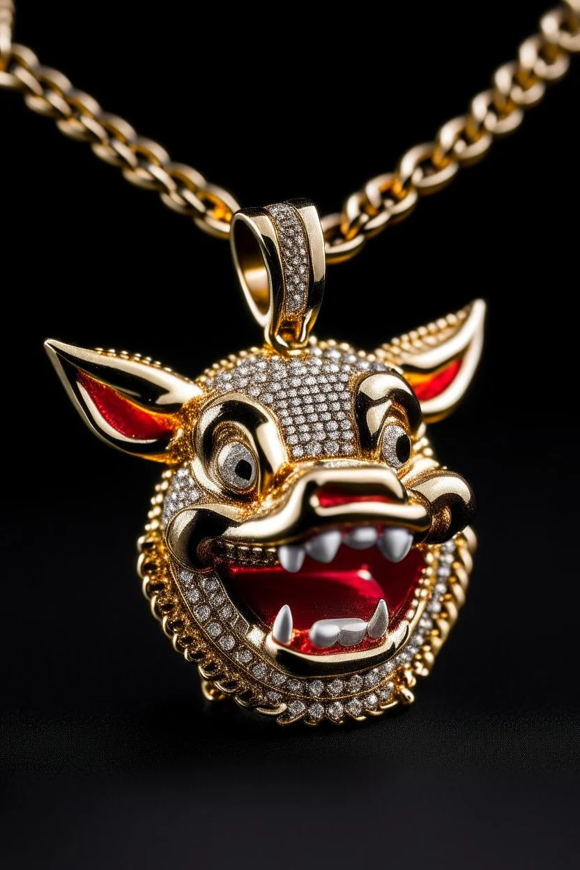 A gold chain with an iced out pumbaa sitting pendant, eyes should be ruby red and fangs in gold