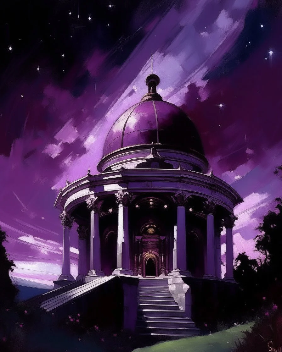 A dark magenta magical observatory pointed at the stars painted by John Singer Sargent