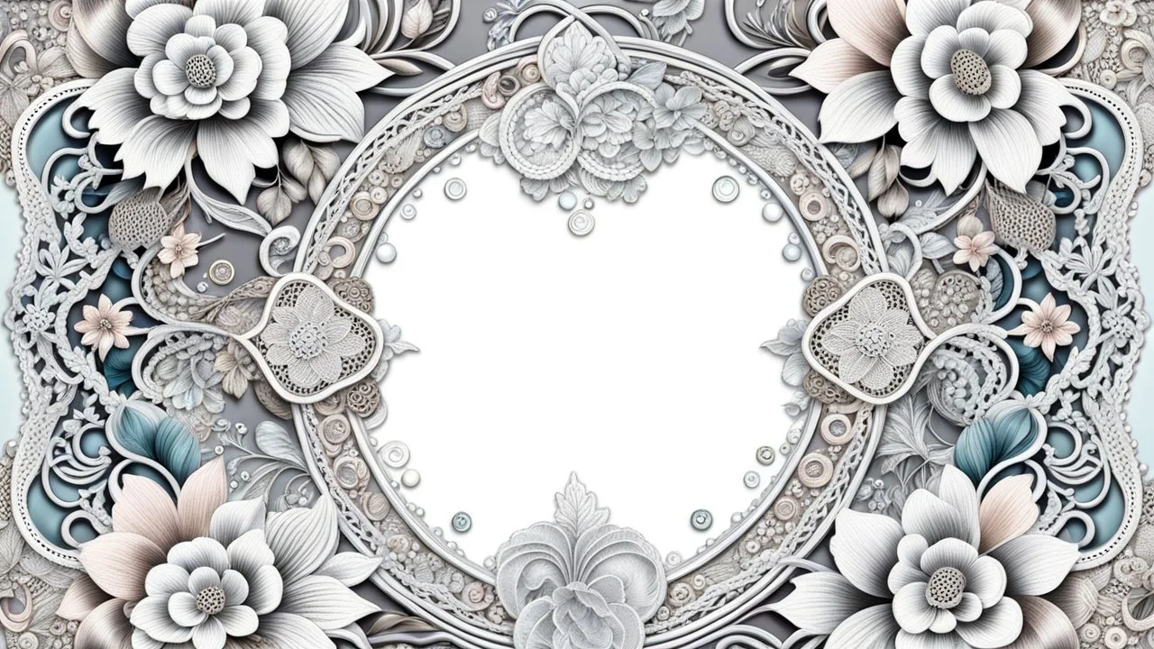 combination of different vintage lace with floral and plants ornament silver metallic threads circles and bubbles, pastel colors lacy border unique elegant, high detailed, sharp focuses, photorealistic, masterpiece