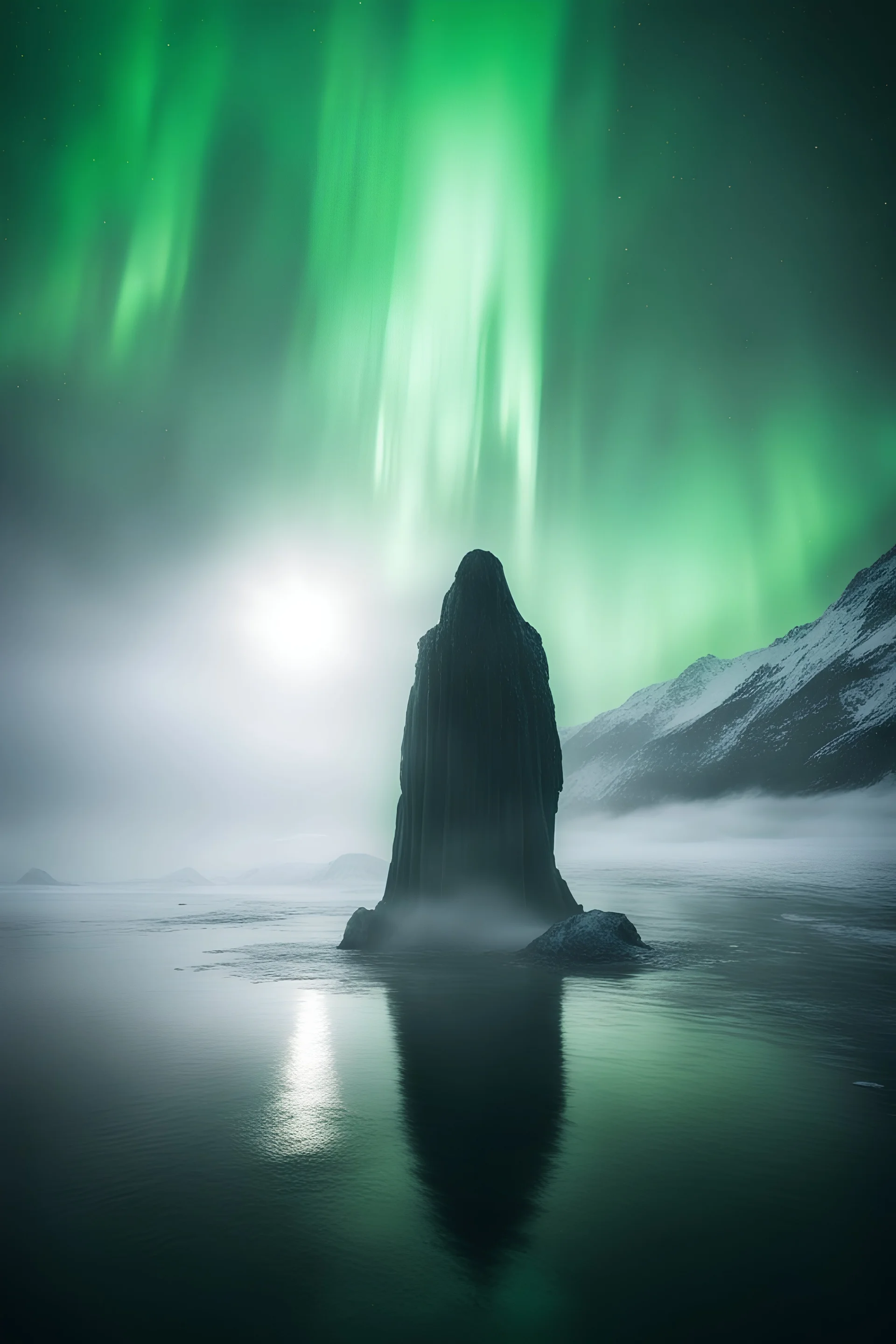 Photoreal menacing ghost of a gargantuan enormous huge mountainous shapeless goddess fog silhouette towering above an ice lake in the winter sky with northern lights by lee jeffries, otherworldly creature, in the style of fantasy movies, photorealistic, shot on Hasselblad h6d-400c, zeiss prime lens, bokeh like f/0.8, tilt-shift lens 8k, high detail, smooth render, unreal engine 5, cinema 4d, HDR, dust effect, vivid colors