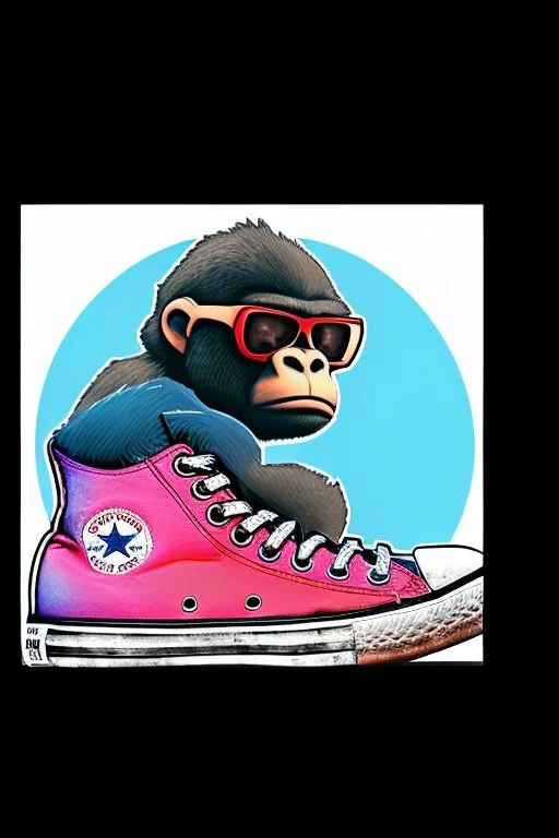 a profile picture of a small gorilla sitting in a blue Converse sneaker, like it's a car, comic style