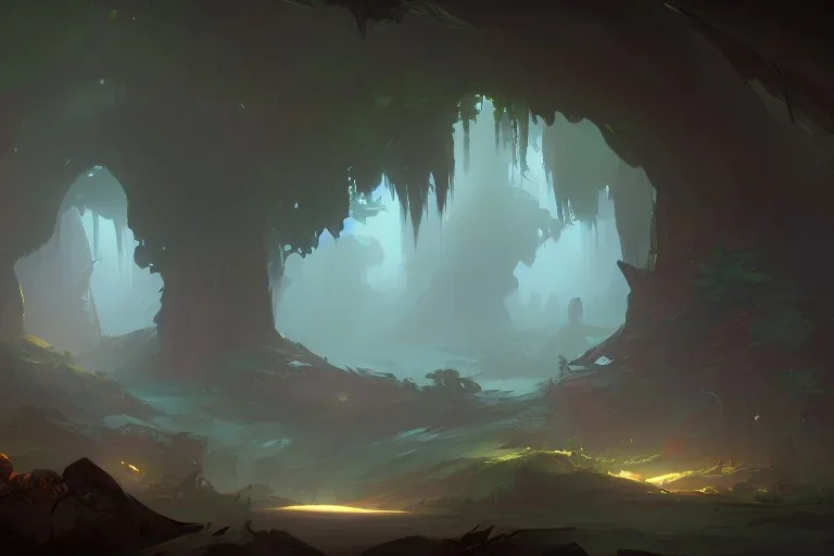 Concept art of A dark forest Cave by Justin Gerard