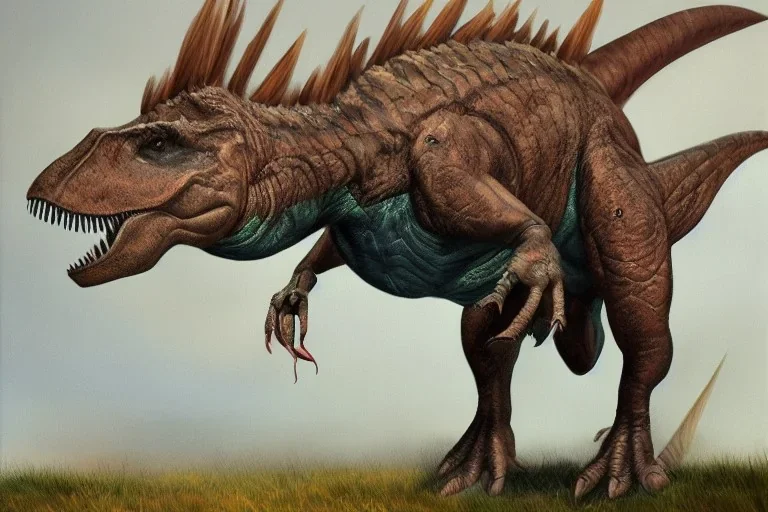 Photorealist painting of dinosaur with a mohawk