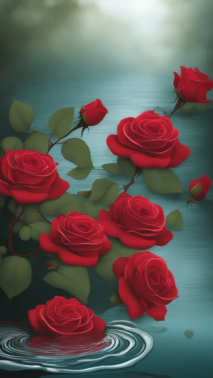 The image is a digital artwork that depicts a green branch of red tree of Red roses and red leaves tangling in to a water in the river with aThe rose floats on the surface of the water, creating a wave-like effect. The background is red , which makes a branch of a tree of red roses stand out even more. Water droplets are scattered adding to the dreamy, ethereal quality of the image.all leaves and background are black