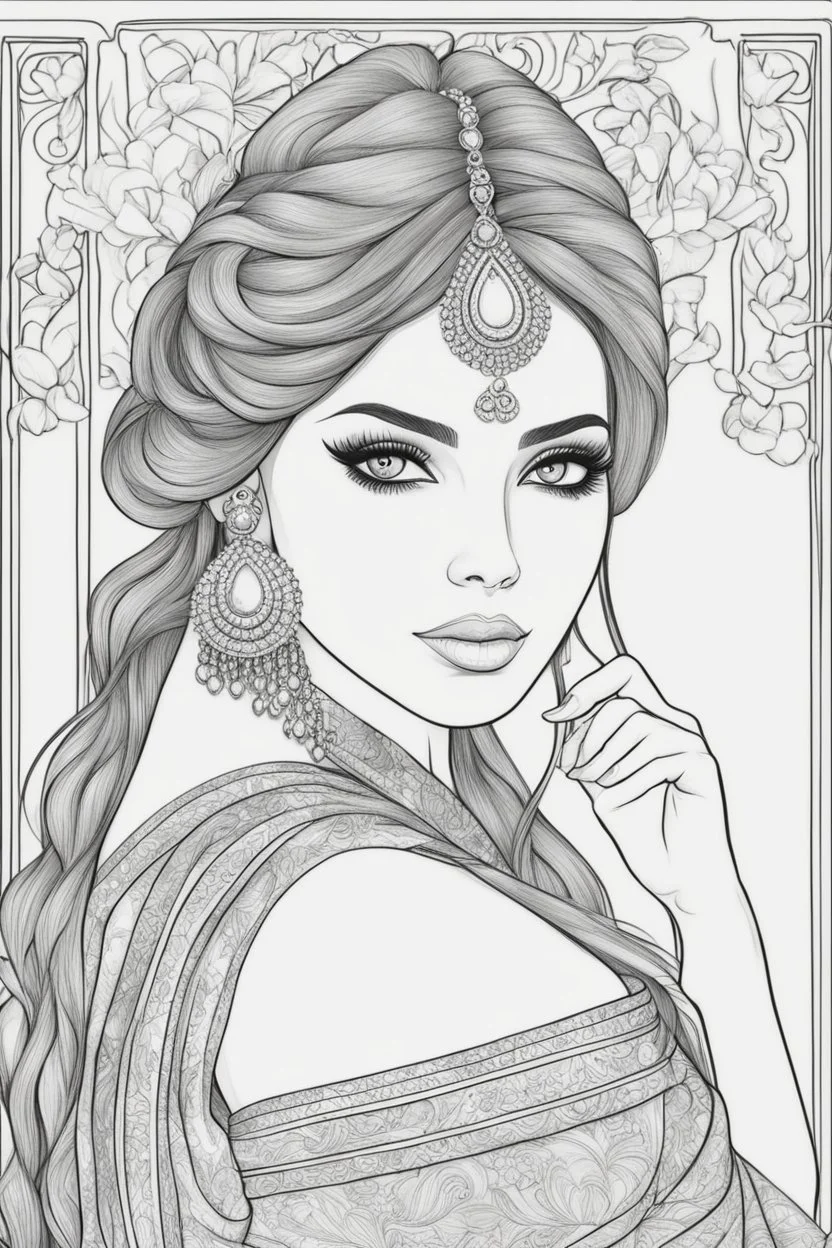 coloring page for adults of fashion model wearing hindi dress, thick and clear lines hair, full body portrait, style clean coloring page for adults, cartoon style, clean line art high detailed, white background, coloring book style, 8k, no-shading, thick lines hair, no-grayscale, lines hair