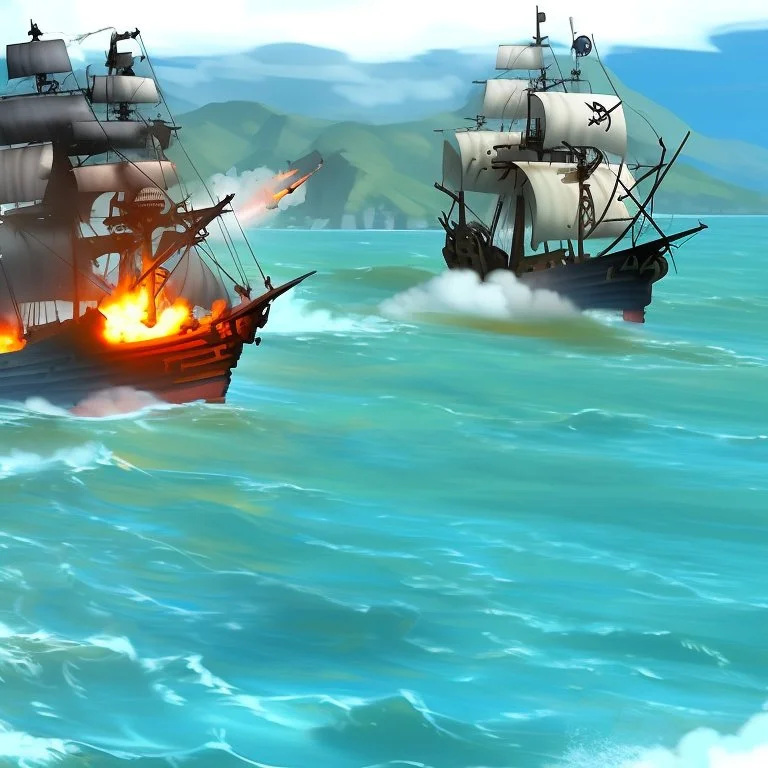 Two pirate ships fight each other at sea. Firing cannons. One ship is hit and burns after being hit.