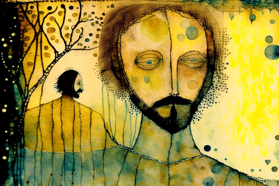 double exposure, merged layers, knitted dream, painted and burned burlap, handsome 40 years old man, dew drops, styles of Paul Klee Dee Nickerson and Tim Burton, melting watercolor and black ink outlines on wet paper, soft, shading strokes, heart and love, corrosion, golden patina natural pastel colors in sunshine, ethereal, otherwordly, cinematic postprocessing, bokeh, dof