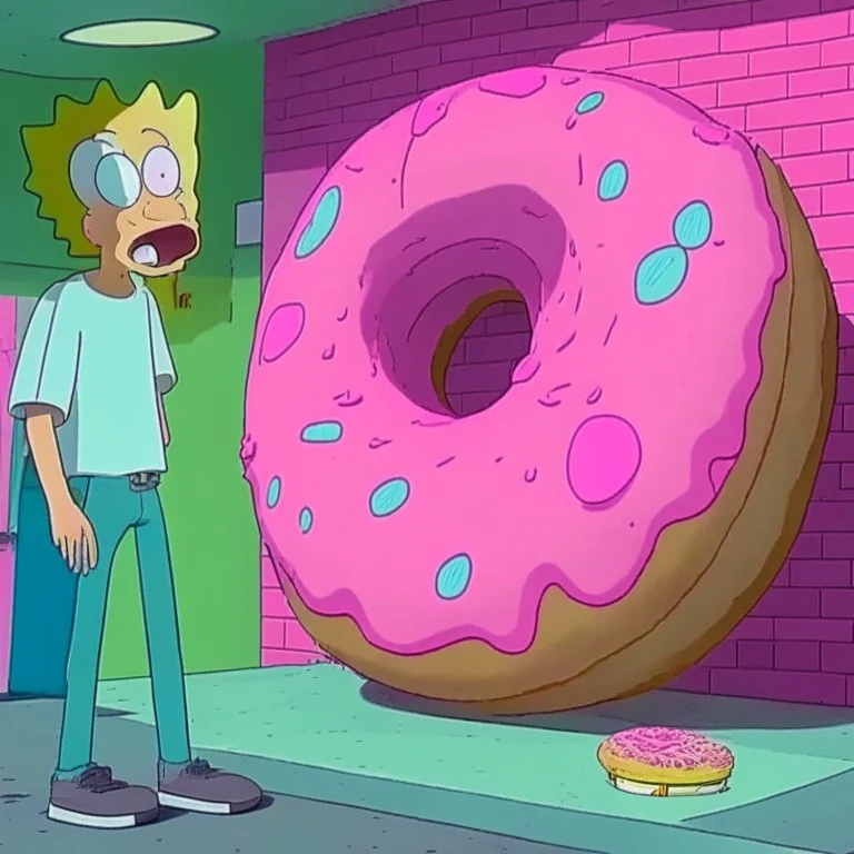 Morty staring at a giant pink donut, while Rick explains his plan to steal the recipe of the Krusty Burgers.