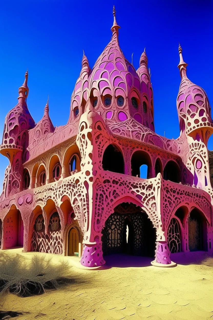 A purplish magenta Egyptian spider palace in a desert painted by Antoni Gaudi
