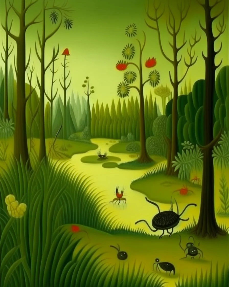 A light yellowish green swamp with bugs in daylight painted by Henri Rousseau