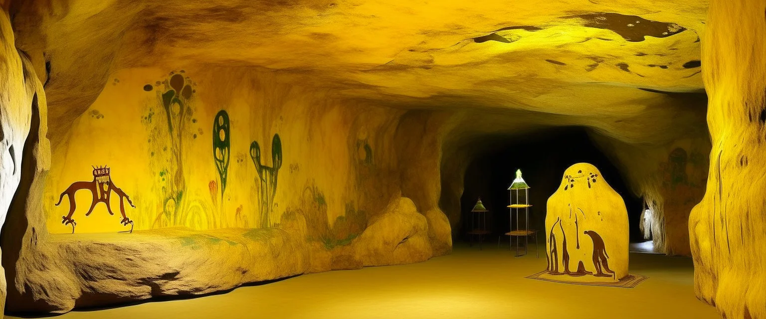 A yellow cave with a round electrical yeti designed in Lascaux cave paintings painted by Pablo Picasso