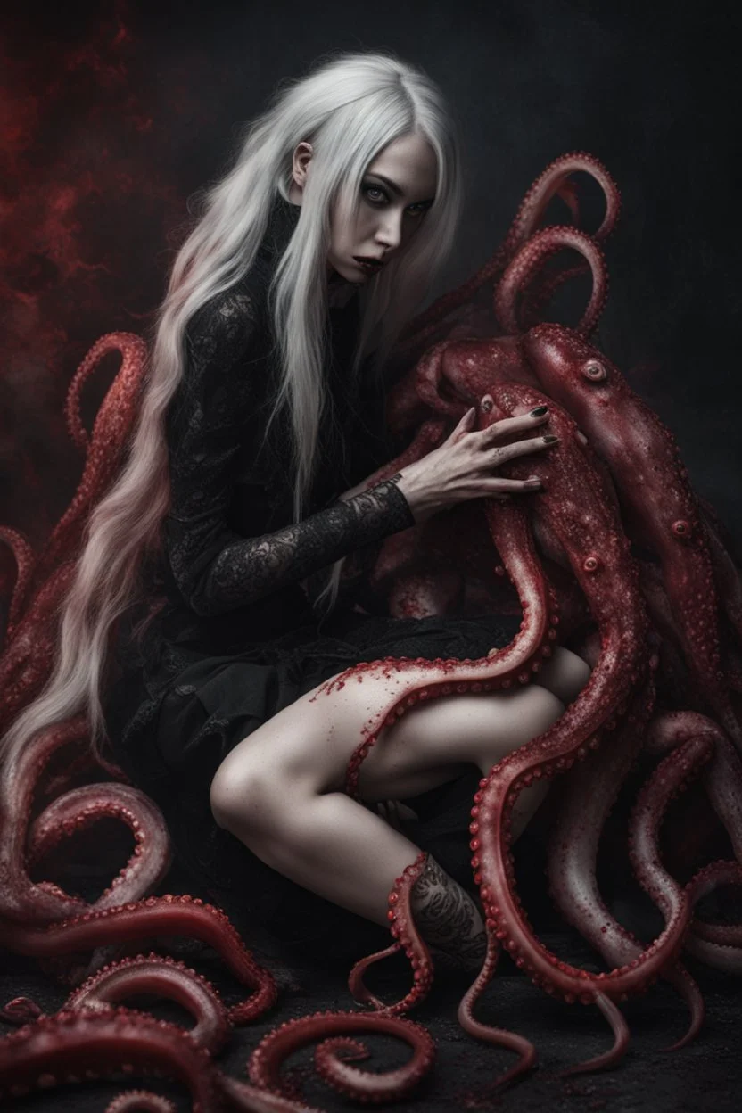 blood, goth woman, leaning pose, full body, squid, octopus creepy, horrifying, sinister, sparks out her mind, 8k, macro photography,