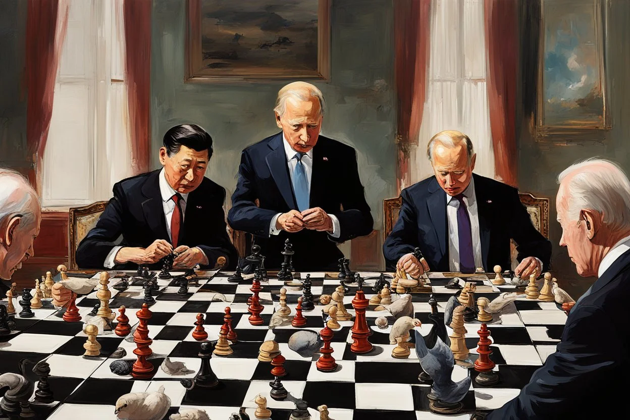 Putin, President Xi Of China And Joe Biden Play Chess With A Pigeon,Ufo And Atomic Bomb Mushroom Cloud,Complex Surgical Instruments Intermixed With A Newborn Boy,Minimalism,Painting By Adrian Ghenie,Rene Magritte,Pablo Picasso,Michelangelo,Salvador Dali,Lucian Freud