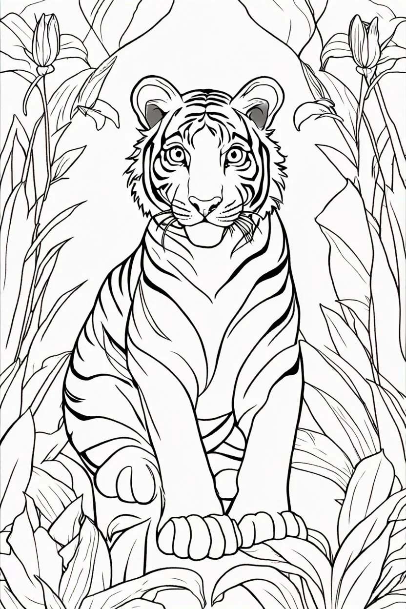 coloring page for kids, tiger lily, thick outline, low details, no shading, no color