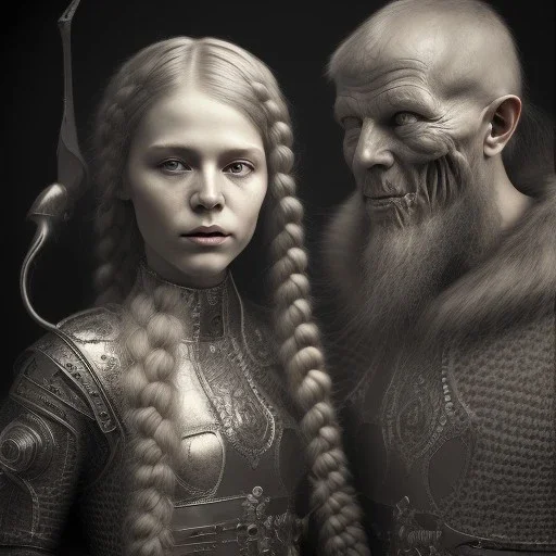 A viking boy and a girl, hr giger, scary, steam punk, realistic, made in octane, cinematic, ultra-realistic, extremely detailed octane rendering, 8K, VRAY Super Real ar 2:3, dof photorealistic futuristic 50mm lens hard lighting dark gray tintype photograph, realistic lighting, sepia color