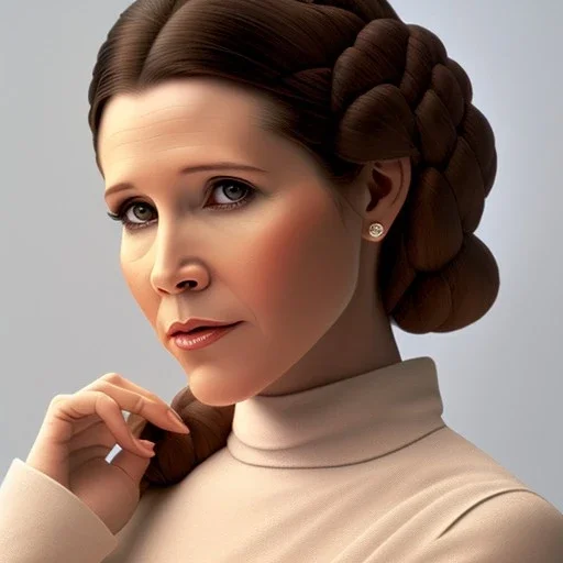 modern disney style, half-length portrait, three-quarter face pose of carrie fisher as Princess Leia without hair, entrancing deep brown eyes, eos5d mark 4, ef 85mm 5.6, professional majestic photo realistic painting by Ed Blinkey, Atey Ghailan, by Jeremy Mann, Greg Manchess, Antonio Moro, trending on ArtStation, Intricate, High Detail, Sharp focus, dramatic, by greg rutkowski, realism, beautiful and detailed lighting,