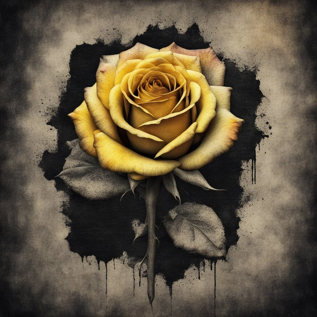 Hyper Realistic grungy multicolored yellow rose with rustic black jeans texture & vignette effect